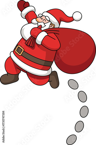Cartoon Santa Claus jumping with sack of gifts, cheerful Christmas character in mid-leap, festive holiday illustration for celebrations, flat vector illustration
