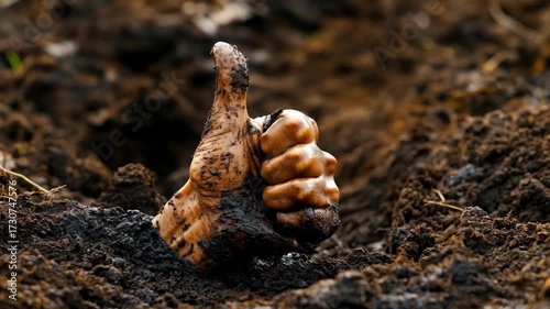 Dead man's hand gives thumbs up from grave during Halloween night in eerie cemetery