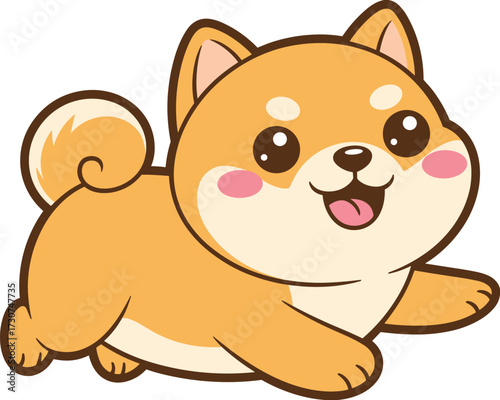 Cartoon Shiba Inu dog, playful pose with pink cheeks, happy pet character, cute animal design, flat vector illustration