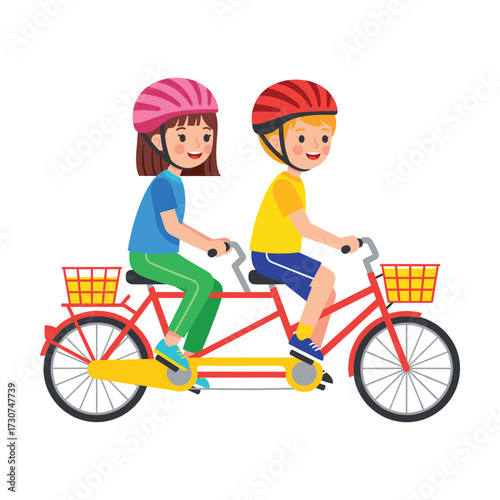 Happy children riding a tandem bicycle together, enjoying outdoor activity