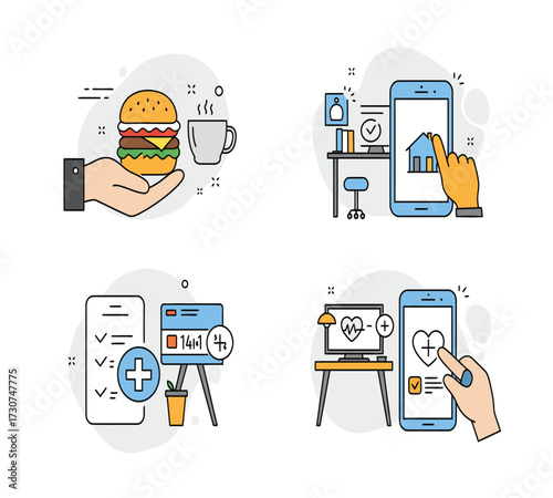 Illustration of a healthy lifestyle with a coffee cup, a red mug, a burger, a leaf, a computer, a trash can, a lamp, and a smartphone concept of balance and wellbeing