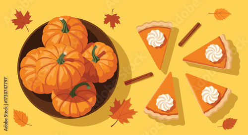 A vibrant top down view of a delicious seasonal harvest pumpkin pie and cinnamon sticks.