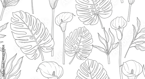 A delicate outline drawing of various tropical foliage patterns.