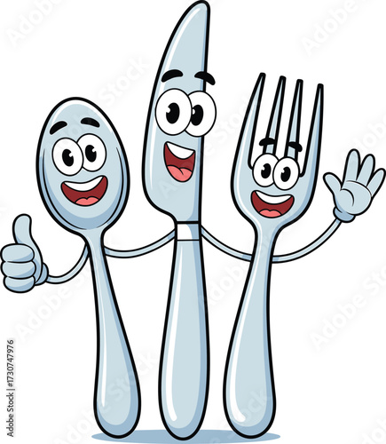 Cartoon spoon, knife, and fork characters with smiling faces, expressive eyes, friendly gestures, kitchen cutlery illustration for kids, flat vector illustration