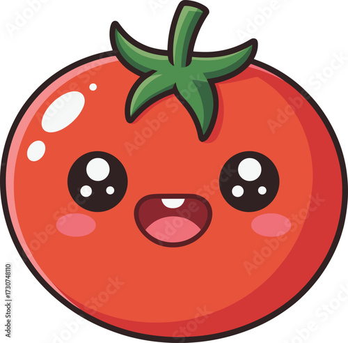 Cartoon tomato with smiling face, cute red vegetable character, pink cheeks and green stem, food mascot design, flat vector illustration