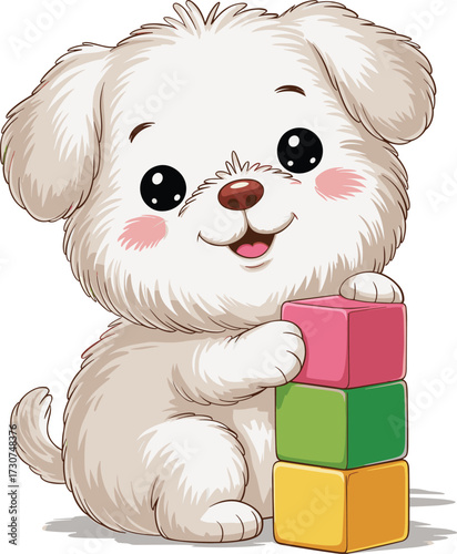 Cartoon white puppy with pink cheeks playing with colorful toy blocks, cute sitting pose, happy expression, flat vector illustration for kids
