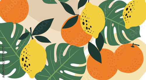 A vibrant summer pattern featuring ripe oranges and fresh lemons surrounded by lush green monstera leaves.