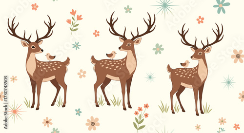 Three deer with birds on their backs amidst a whimsical floral meadow.