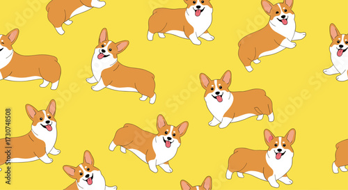 A repeating pattern of adorable corgi dogs on a yellow background.