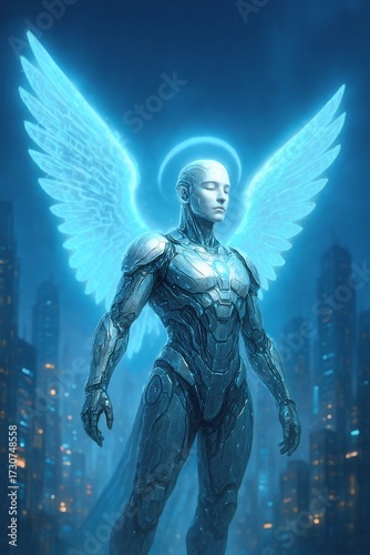 Cybernetic Angel AI in Futuristic Cityscape
