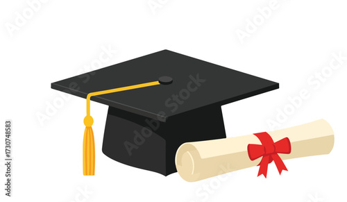 Graduation cap and diploma scroll tied with a red ribbon, symbolizing academic achievement and educational success.