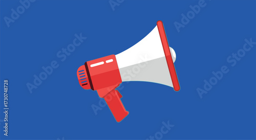  Red and white megaphone against a vibrant blue background, symbolizing announcement, communication, and public address