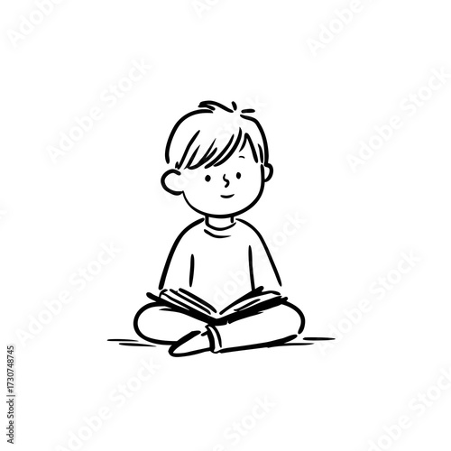 Child reading book minimal black line drawing