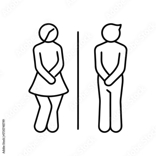 male and female restroom icon in line style. Funny toilet couple symbol, desperate pee Girls and boy wc icon, fun bathroom door signs, humor public washroom , vector illustration