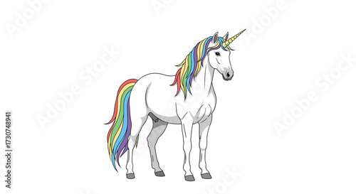 A majestic white unicorn with a rainbow mane and tail stands proudly.