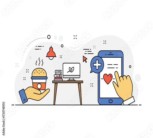 Illustration of a healthy lifestyle with a coffee cup, a red mug, a burger, a leaf, a computer, a trash can, a lamp, and a smartphone concept of balance and wellbeing