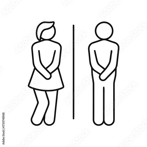male and female restroom icon in line style. Funny toilet couple symbol, desperate pee Girls and boy wc icon, fun bathroom door signs, humor public washroom , vector illustration