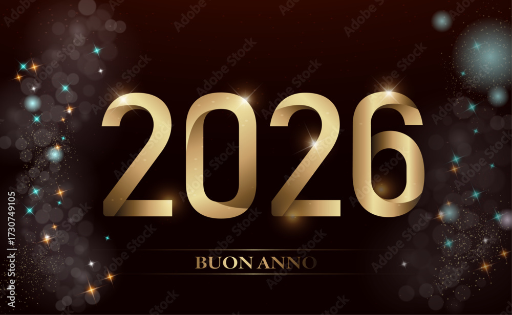 biglietto o striscione per augurare un felice anno nuovo 2026 in oro su sfondo nero con cerchi bokeh e stelle in diversi colori