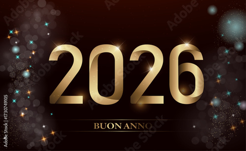 biglietto o striscione per augurare un felice anno nuovo 2026 in oro su sfondo nero con cerchi bokeh e stelle in diversi colori