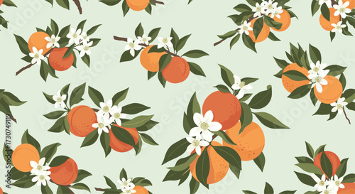 Fresh orange blossoms and fruit scattered across a light green background.