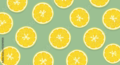 A refreshing pattern of thinly sliced yellow oranges on a pastel green background.