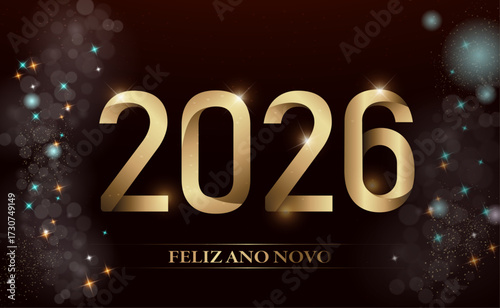 cartão ou banner para desejar um feliz ano novo 2026 em dourado sobre fundo preto com círculos bokeh e estrelas em várias cores