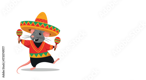 A cute little mouse dressed in traditional Mexican clothing and playing maracas.