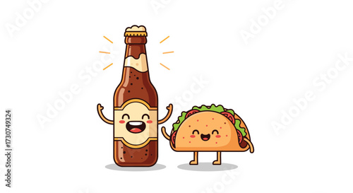 A happy bottle of beer and a delicious taco celebrating together.