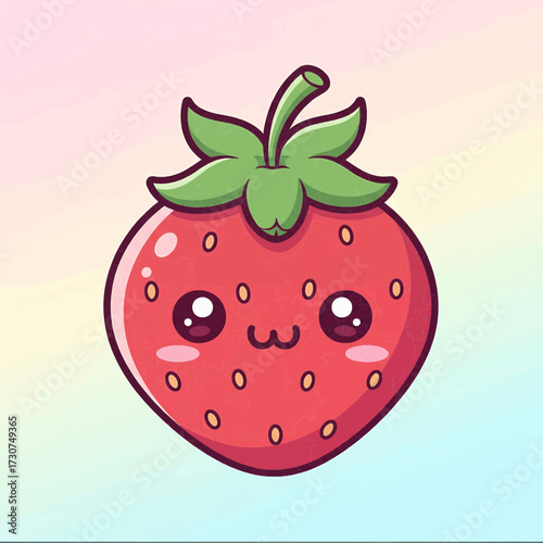 Adorable kawaii cartoon strawberry illustration featuring a sweet, smiling fruit character with bright eyes and rosy cheeks, ideal for playful graphic designs and healthy food themes