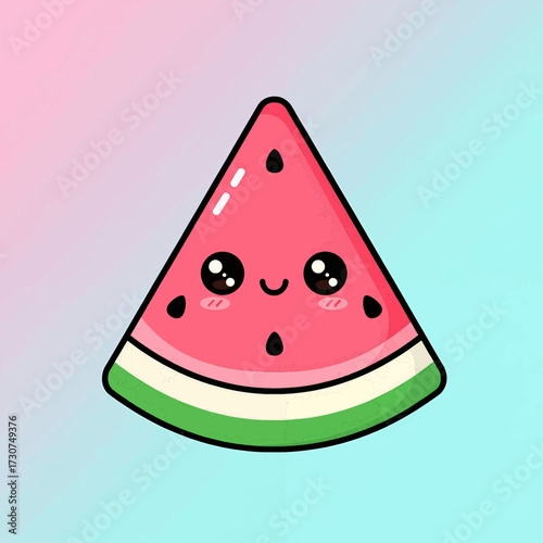 Delightful and refreshing slice of watermelon with a cute, happy face, embodying the sweet summer bliss of a healthy, juicy treat, perfect for fun graphic designs