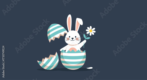 A cute bunny emerges from a cracked easter egg holding a flower.