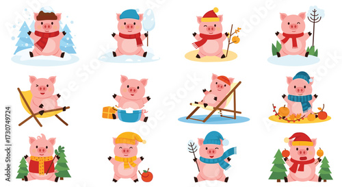 Adorable piggies celebrating all four seasons and different weather conditions.