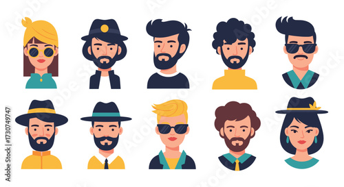 Diverse collection of male and female avatars with varied styles and accessories.