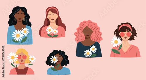 Diverse group of women holding daisies.