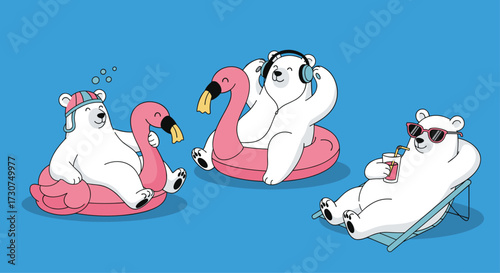 Three polar bears relaxing on inflatables enjoying a summer day.