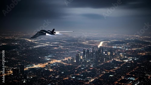 Military reconnaissance plane conducts low-level flight over city at night capturing detailed aerial views