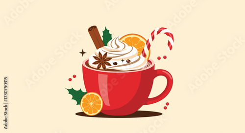 A warm cup of spiced holiday beverage with whipped cream and decorations.