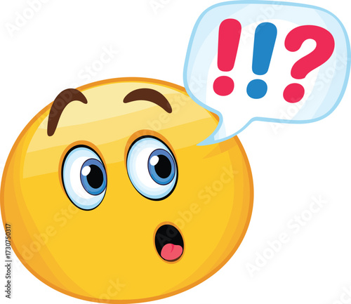 Surprised emoji face, wide eyes, open mouth, shocked expression, speech bubble, punctuation marks, emotional reaction, cartoon style, flat vector illustration