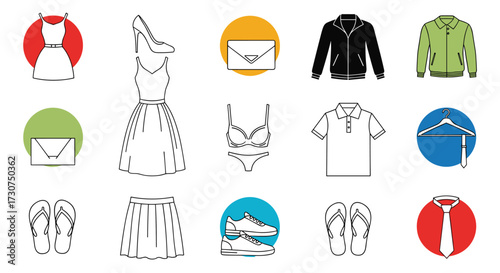 Collection of clothing and accessory icons in a circular design.