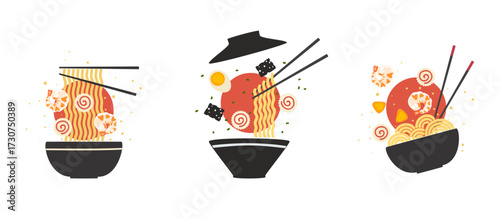 Flat vector illustration of a bowl of ramen with noodles, shrimp, egg, seaweed, and various toppings. Suitable for Asian food design, Japanese cuisine, restaurant menu, branding, or food project.
