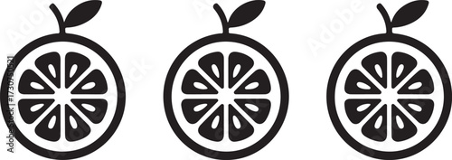 Three Black Silhouette Orange Slices with Stems on White Background citrus fruit