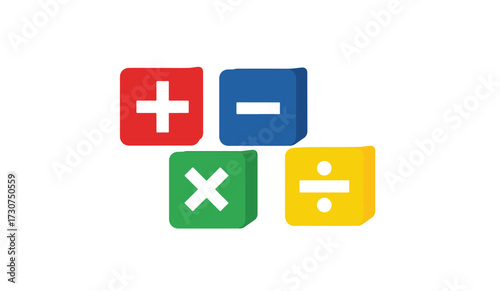 Colorful mathematical symbols representing addition, subtraction, multiplication, and division, isolated.