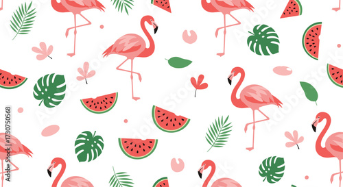 A delightful pattern featuring pink flamingos and sliced watermelons.