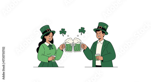 A man and a woman in green hats clinking glasses of green beer.