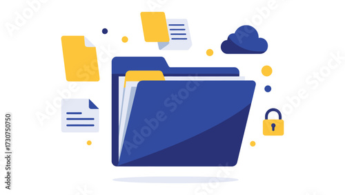 Secure digital folder icon with lock and online file backup concept