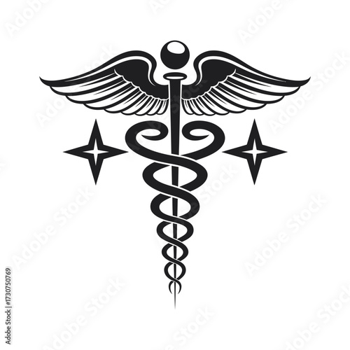 Black & White Medical Logo: Caduceus, Wings, Stars, and Cross