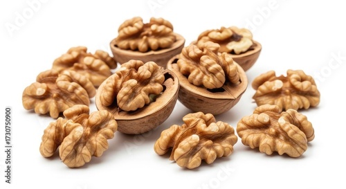 Pile of shelled walnuts on a white background food