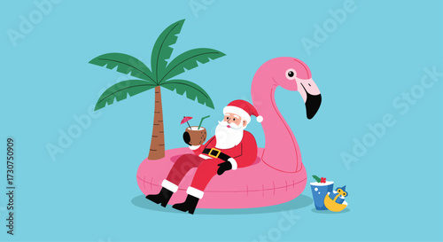 Santa Claus relaxing on a flamingo float at the beach with a palm tree.