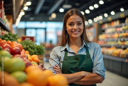 Smiling Female Grocery Store Employee with Apron in Produce Aisle