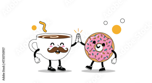 A happy coffee cup and a donut celebrating together.